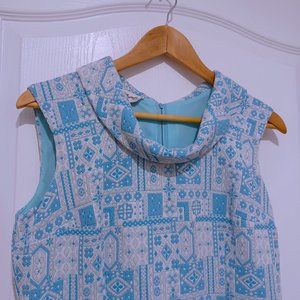 Vintage Dress, circa 1960s - Blue, White, Silver Geometric Pattern